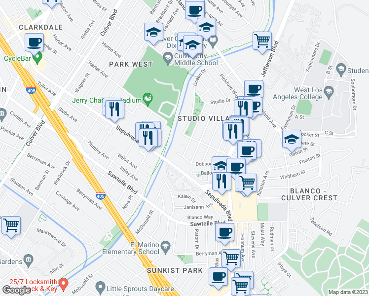 map of restaurants, bars, coffee shops, grocery stores, and more near 5195 Karen Circle in Culver City