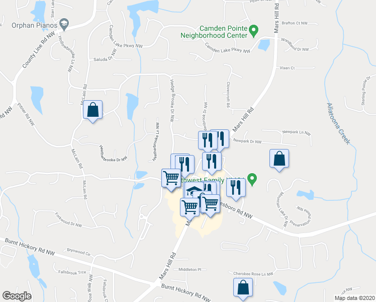 map of restaurants, bars, coffee shops, grocery stores, and more near 1814 Manor View Circle Northwest in Acworth