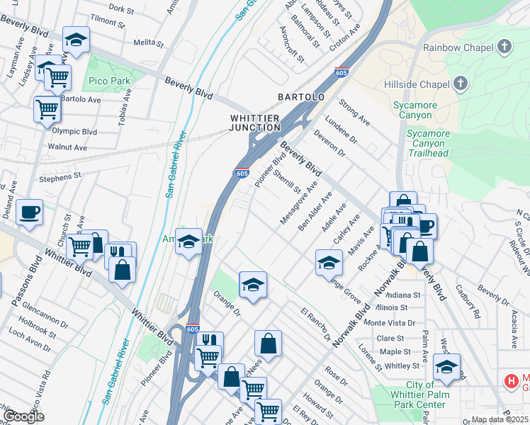map of restaurants, bars, coffee shops, grocery stores, and more near 10213 Orange Grove in Whittier