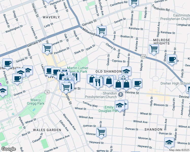 map of restaurants, bars, coffee shops, grocery stores, and more near 819 Meadow Street in Columbia