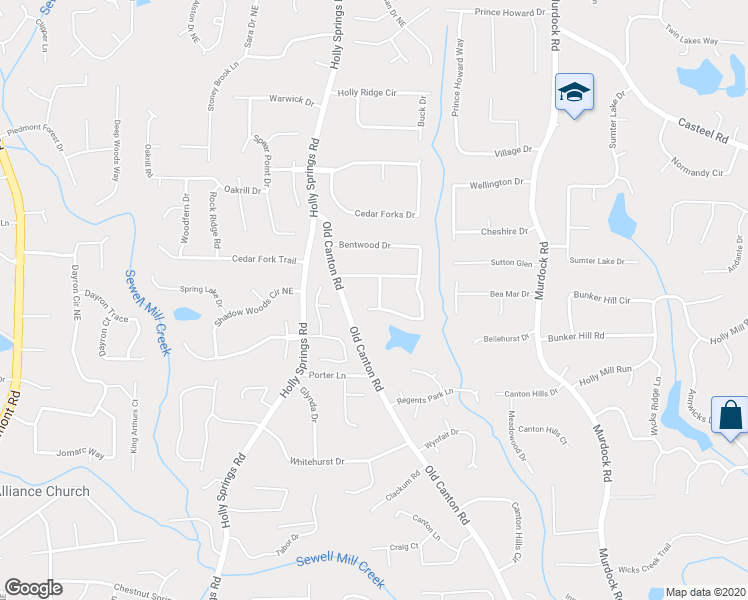map of restaurants, bars, coffee shops, grocery stores, and more near 2093 Saddle Ridge Lane in Marietta