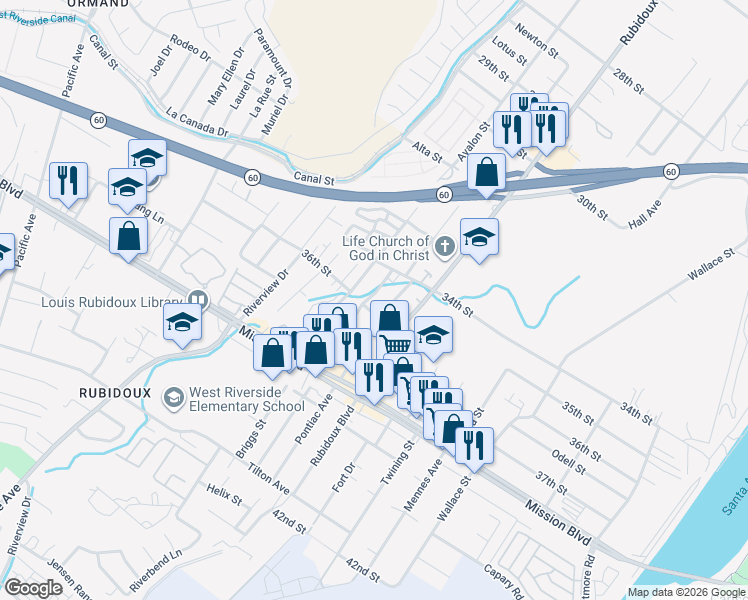 map of restaurants, bars, coffee shops, grocery stores, and more near 3560 Pioneer Drive in Riverside