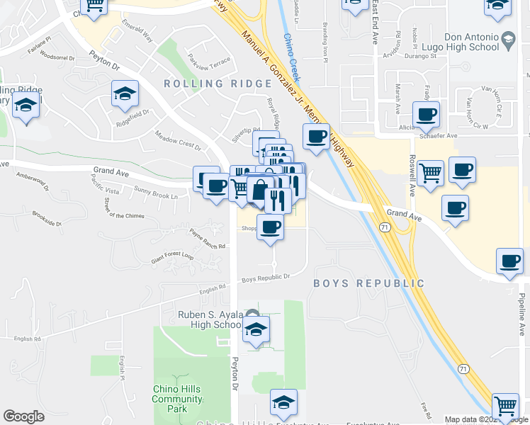 map of restaurants, bars, coffee shops, grocery stores, and more near 13920 City Center Drive in Chino Hills