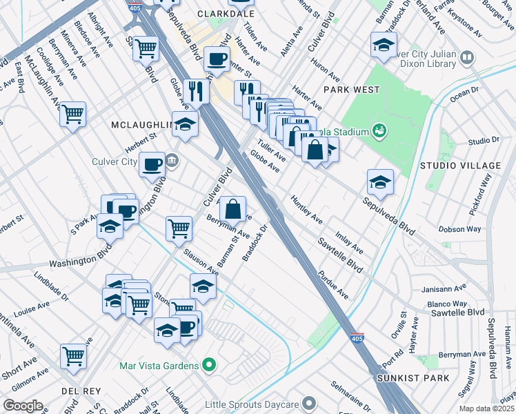 map of restaurants, bars, coffee shops, grocery stores, and more near 4438 Corinth Avenue in Culver City