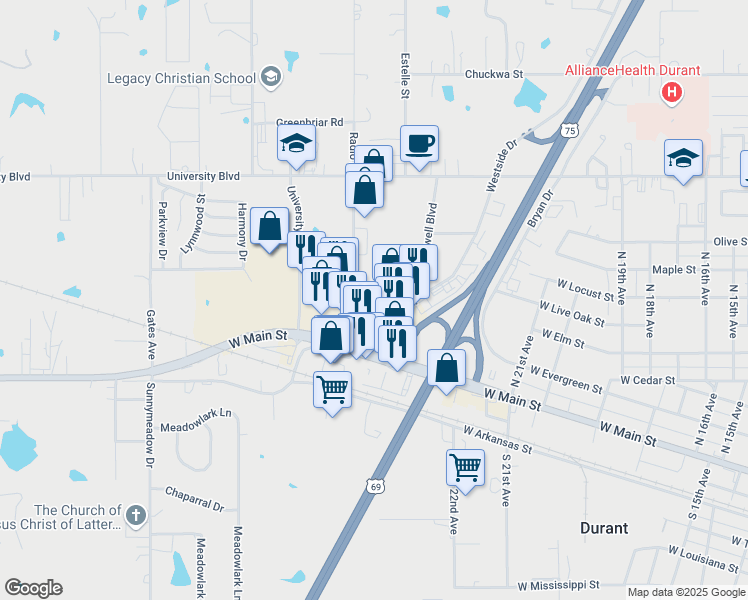 map of restaurants, bars, coffee shops, grocery stores, and more near 2418 West Main Street in Durant