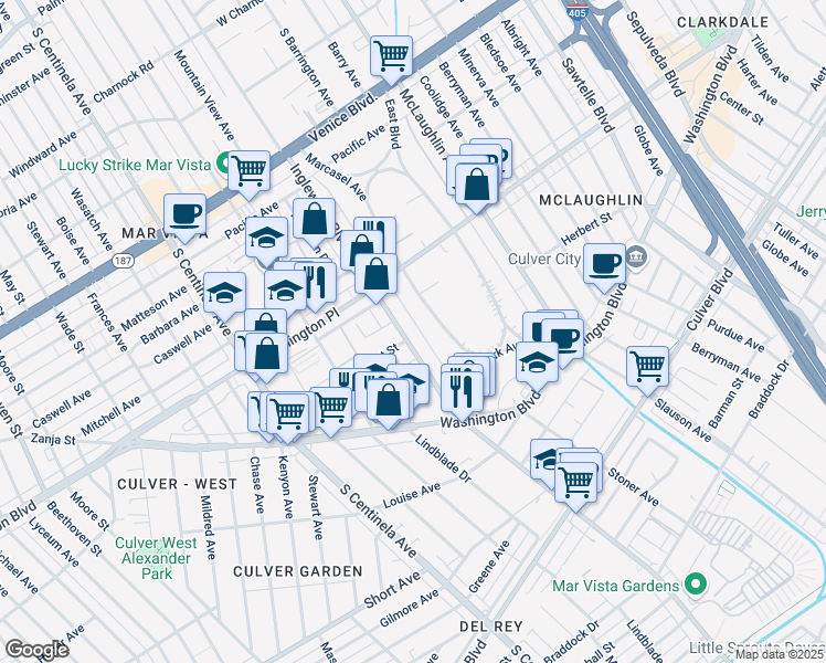map of restaurants, bars, coffee shops, grocery stores, and more near 4107 Marcasel Avenue in Los Angeles