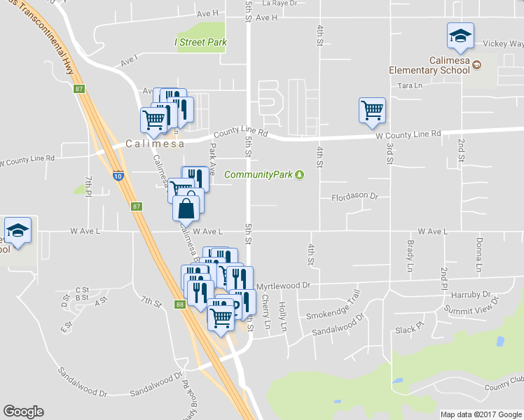 map of restaurants, bars, coffee shops, grocery stores, and more near 485 Buena Vista Court in Calimesa
