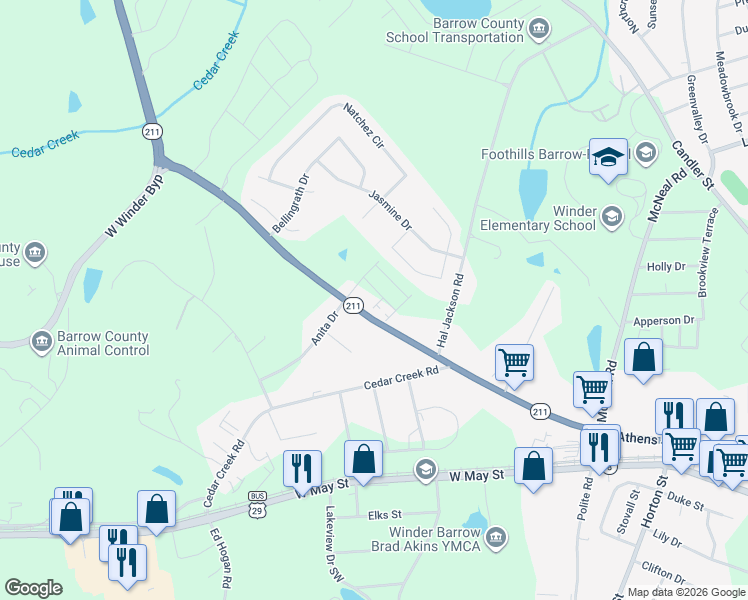 map of restaurants, bars, coffee shops, grocery stores, and more near 320 Georgia Highway 211 in Winder