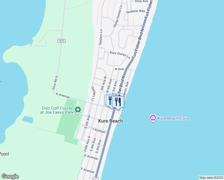 map of restaurants, bars, coffee shops, grocery stores, and more near 209 N 3rd Ave in Kure Beach