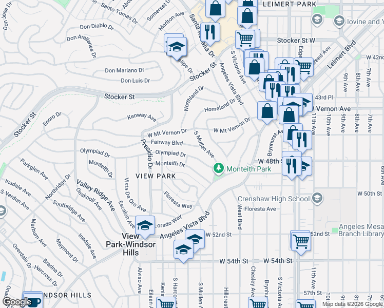 map of restaurants, bars, coffee shops, grocery stores, and more near 3771 Olympiad Drive in View Park-Windsor Hills