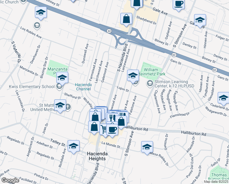map of restaurants, bars, coffee shops, grocery stores, and more near 1721 Lancewood Avenue in Hacienda Heights