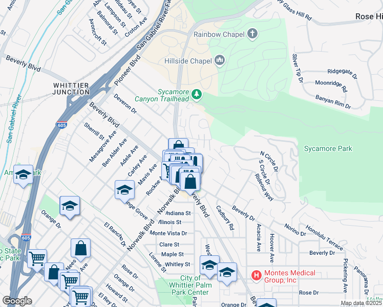 map of restaurants, bars, coffee shops, grocery stores, and more near 5248 Javalambre Drive in Whittier