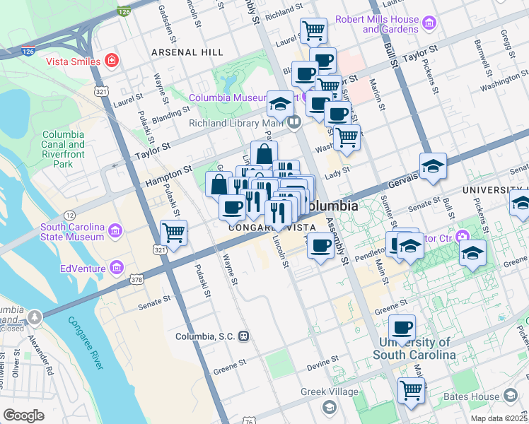 map of restaurants, bars, coffee shops, grocery stores, and more near 1221 Lincoln Street in Columbia
