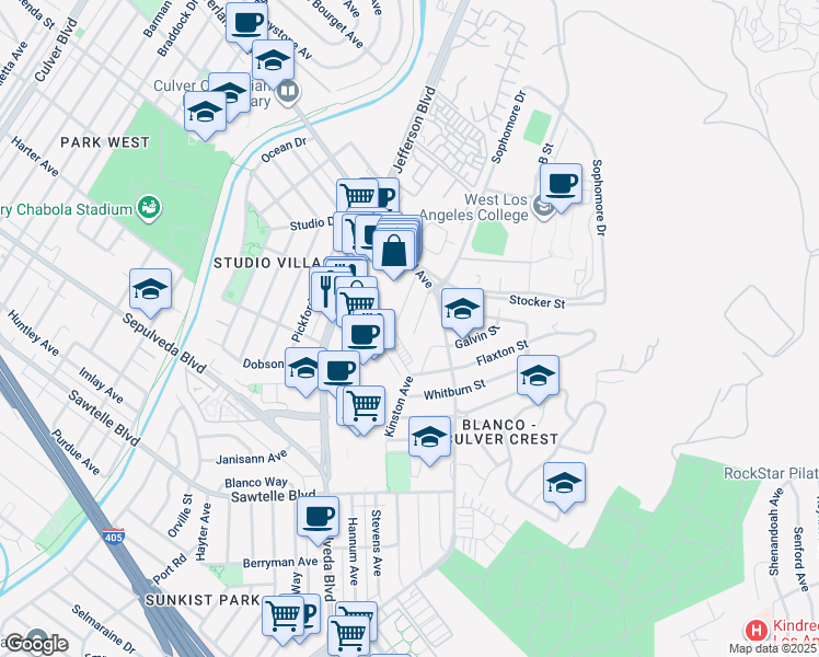 map of restaurants, bars, coffee shops, grocery stores, and more near 10805 Clarmon Place in Culver City