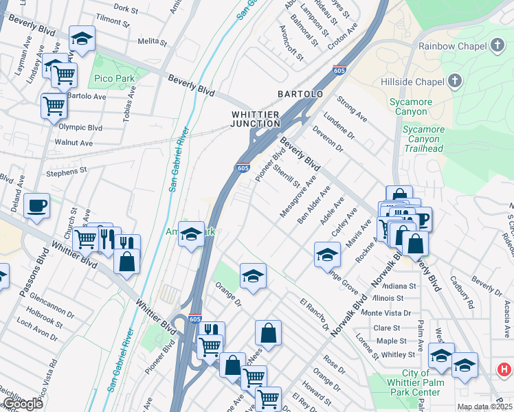 map of restaurants, bars, coffee shops, grocery stores, and more near 10213 Orange Grove in Whittier