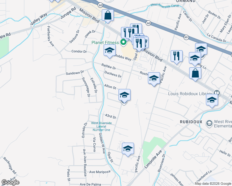 map of restaurants, bars, coffee shops, grocery stores, and more near 6355 Jade Street in Riverside
