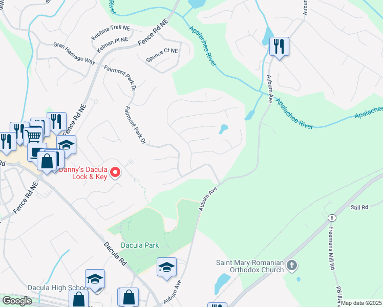 map of restaurants, bars, coffee shops, grocery stores, and more near 385 Ballyshannon Drive in Dacula
