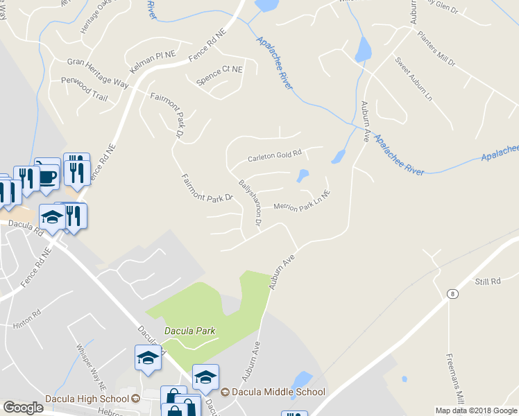 map of restaurants, bars, coffee shops, grocery stores, and more near 250 Ballyshannon Drive in Dacula