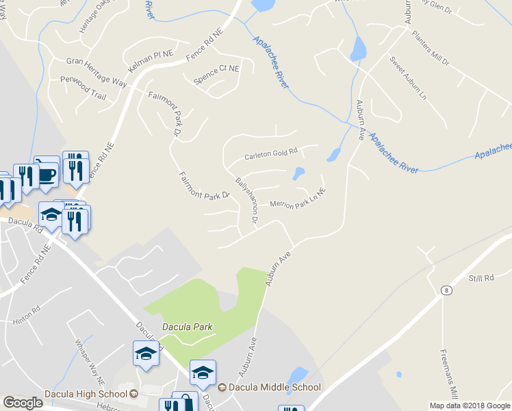 map of restaurants, bars, coffee shops, grocery stores, and more near 220 Ballyshnnon Drive in Dacula