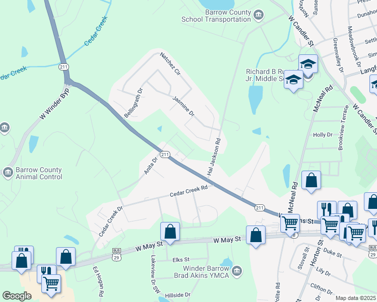 map of restaurants, bars, coffee shops, grocery stores, and more near 125 Cannondale Drive in Winder