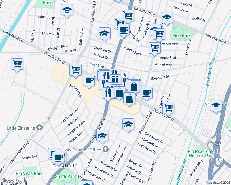 map of restaurants, bars, coffee shops, grocery stores, and more near 9070 Whittier Boulevard in Pico Rivera