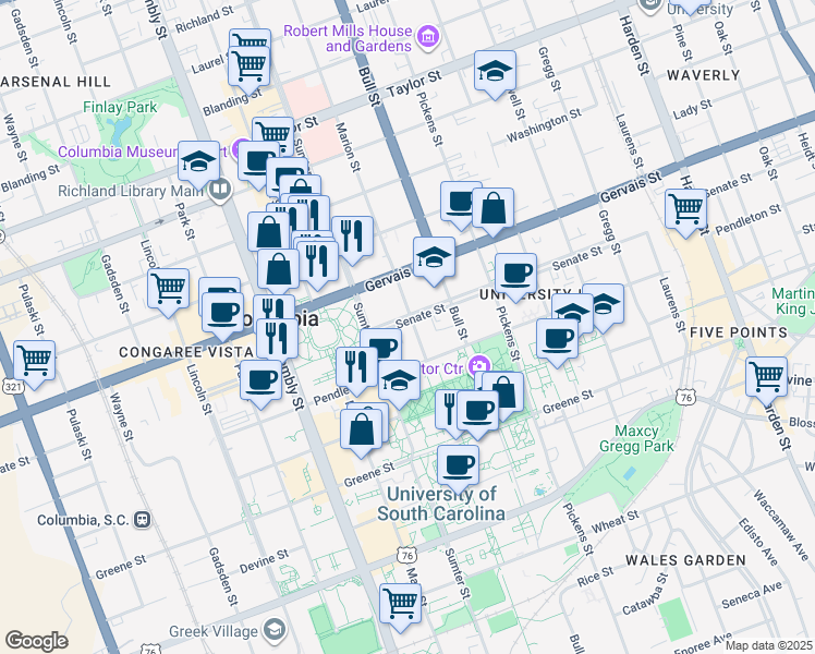 map of restaurants, bars, coffee shops, grocery stores, and more near 1041 Marion Street in Columbia
