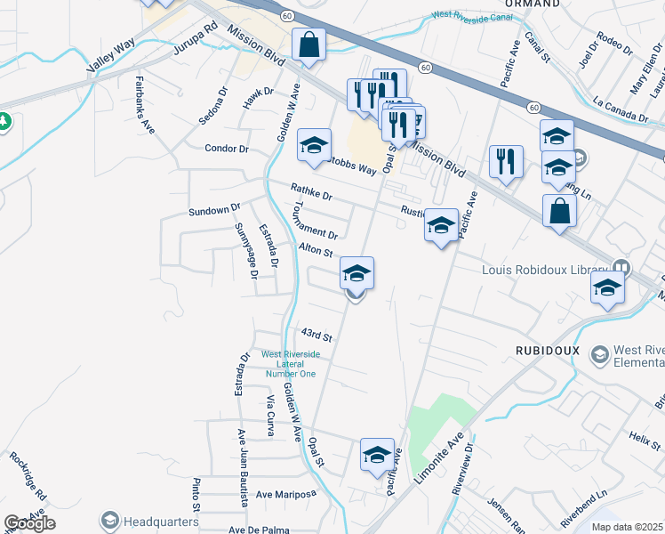 map of restaurants, bars, coffee shops, grocery stores, and more near 6355 Jade Street in Riverside