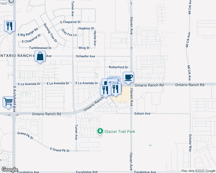 map of restaurants, bars, coffee shops, grocery stores, and more near 3310 East Yountville Drive in Ontario