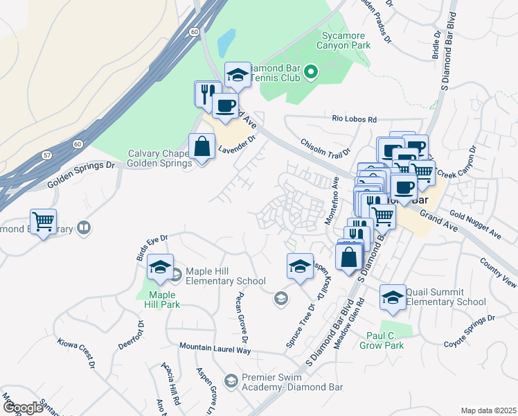 map of restaurants, bars, coffee shops, grocery stores, and more near 22801 Chardonnay Drive in Diamond Bar