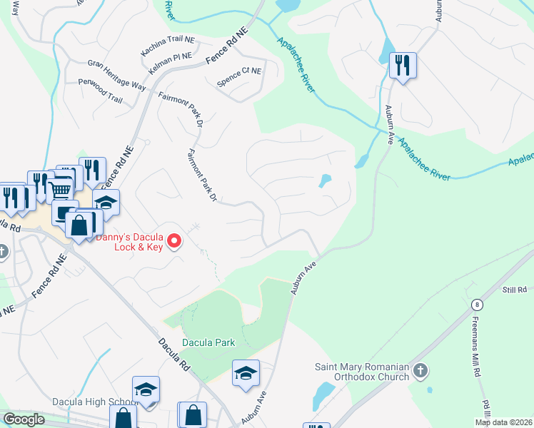 map of restaurants, bars, coffee shops, grocery stores, and more near 661 Fairmont Park Drive in Dacula