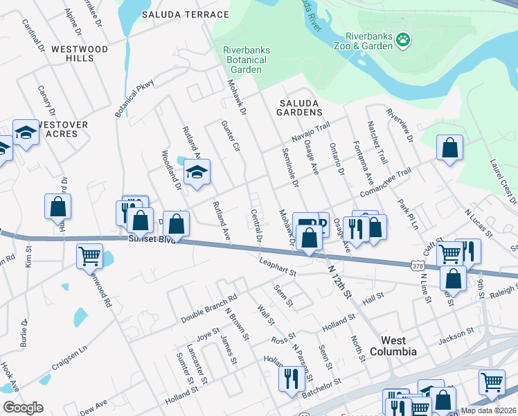 map of restaurants, bars, coffee shops, grocery stores, and more near 910 Central Drive in West Columbia