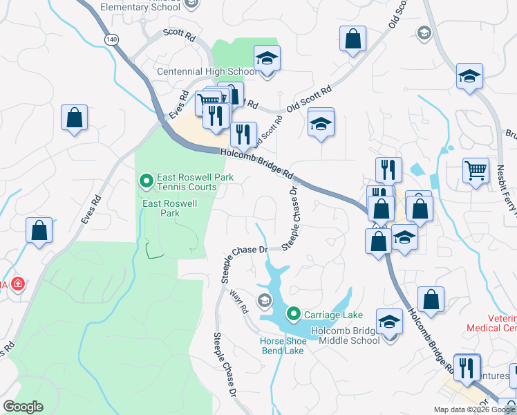 map of restaurants, bars, coffee shops, grocery stores, and more near 9045 Twelvestones Drive in Roswell