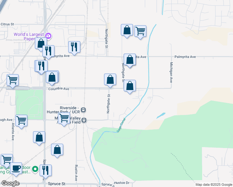 map of restaurants, bars, coffee shops, grocery stores, and more near 880 Columbia Avenue in Riverside
