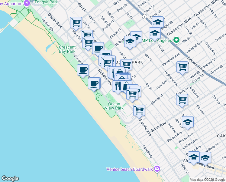 map of restaurants, bars, coffee shops, grocery stores, and more near 2700 Neilson Way in Santa Monica