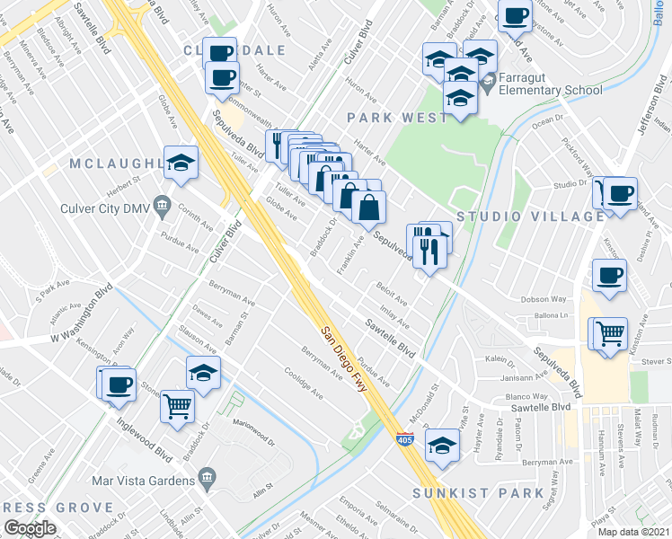 map of restaurants, bars, coffee shops, grocery stores, and more near 11265 Franklin Avenue in Culver City
