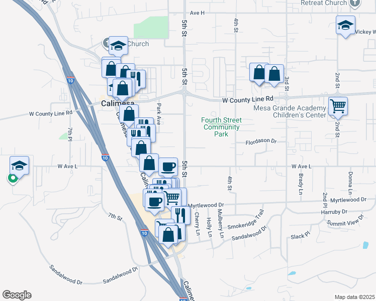 map of restaurants, bars, coffee shops, grocery stores, and more near 485 Buena Vista Court in Calimesa