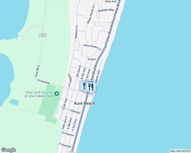 map of restaurants, bars, coffee shops, grocery stores, and more near 222 Fort Fisher Boulevard North in Kure Beach