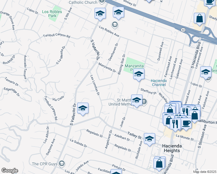 map of restaurants, bars, coffee shops, grocery stores, and more near 15350 Shefford Street in Hacienda Heights