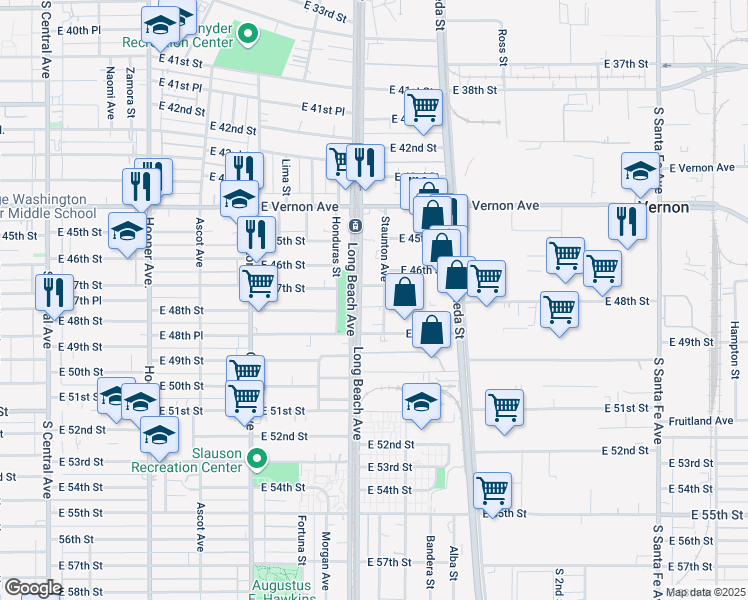 map of restaurants, bars, coffee shops, grocery stores, and more near 4801 Staunton Avenue in Los Angeles