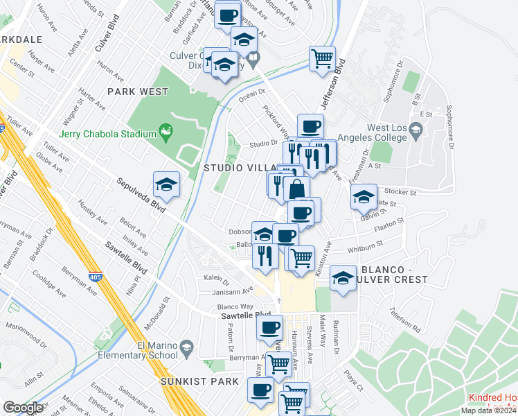 map of restaurants, bars, coffee shops, grocery stores, and more near 10975 Pickford Way in Culver City