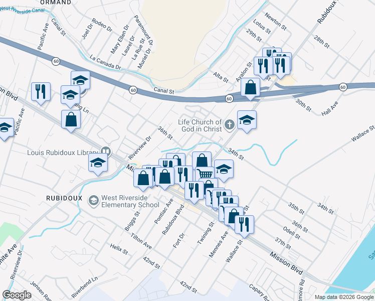map of restaurants, bars, coffee shops, grocery stores, and more near 3560 Pioneer Drive in Riverside