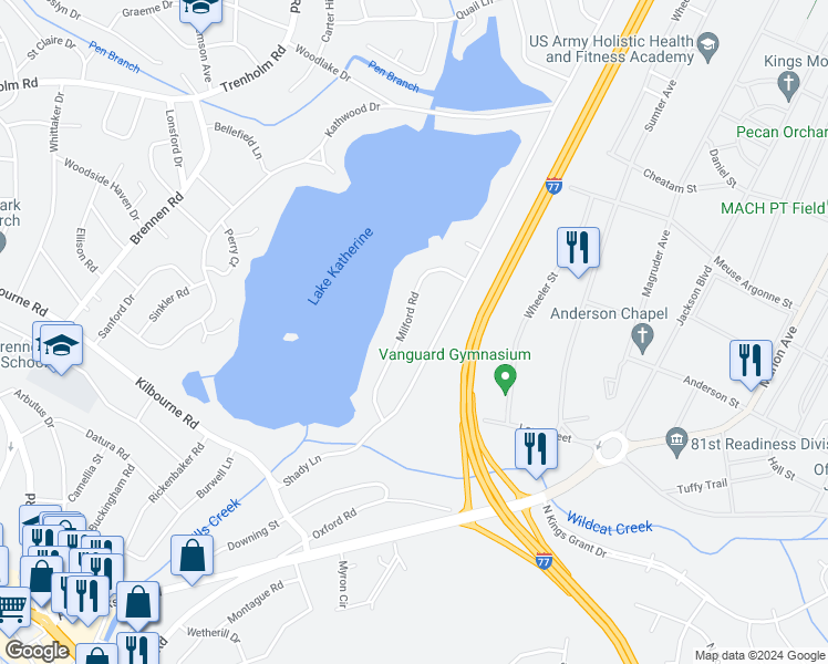 map of restaurants, bars, coffee shops, grocery stores, and more near 1510 Milford Road in Columbia