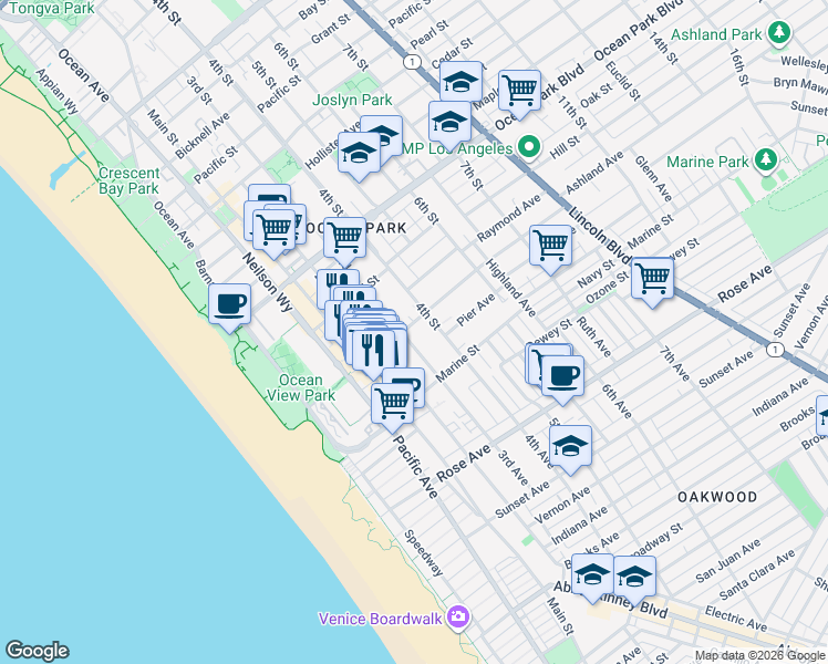 map of restaurants, bars, coffee shops, grocery stores, and more near 302 Ashland Avenue in Santa Monica