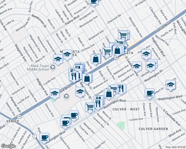 map of restaurants, bars, coffee shops, grocery stores, and more near 12736 Venice Boulevard in Los Angeles