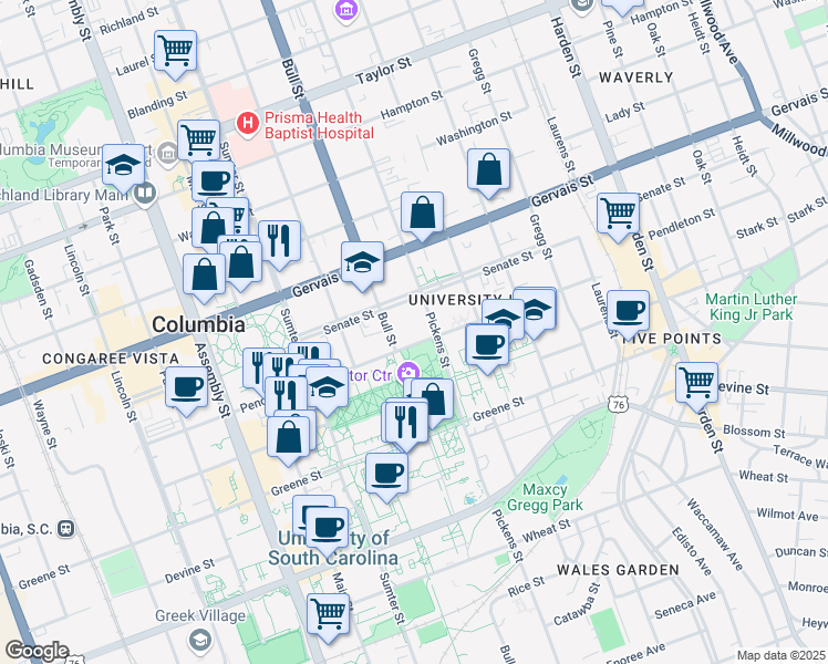 map of restaurants, bars, coffee shops, grocery stores, and more near 1501 Pendleton Street in Columbia
