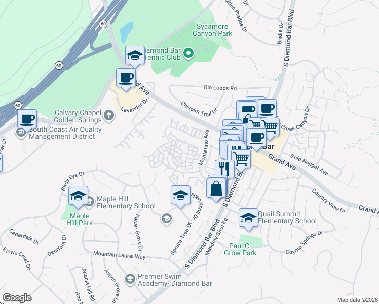 map of restaurants, bars, coffee shops, grocery stores, and more near 22933 Estoril Drive in Diamond Bar