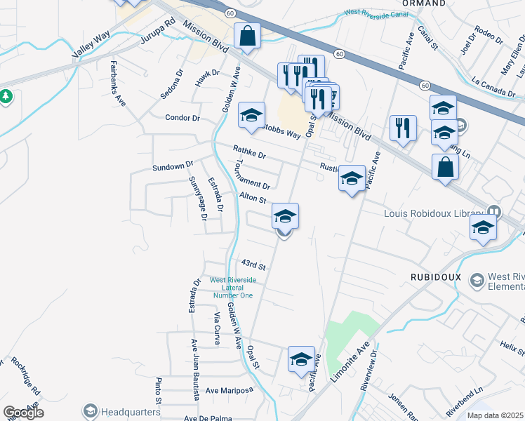 map of restaurants, bars, coffee shops, grocery stores, and more near 6335 Jade Street in Riverside