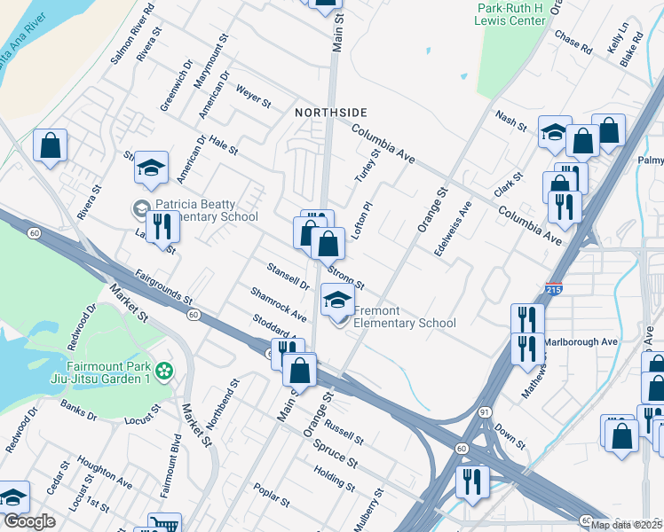 map of restaurants, bars, coffee shops, grocery stores, and more near 3745 Strong Street in Riverside