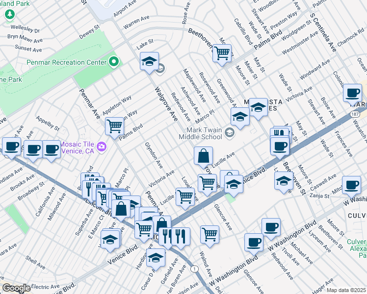 map of restaurants, bars, coffee shops, grocery stores, and more near 2106 Glencoe Avenue in Los Angeles