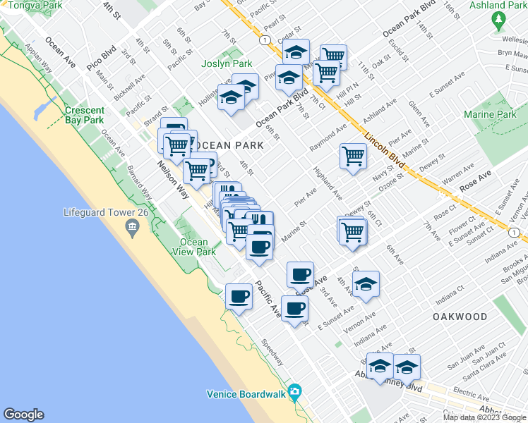 map of restaurants, bars, coffee shops, grocery stores, and more near 302 Ashland Avenue in Santa Monica